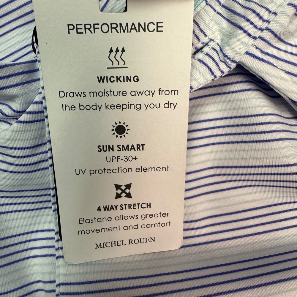 Michel Rouen Men Performance Polo Shirt XL Purple White Striped Golf UPF-30+ NWT - Picture 7 of 8